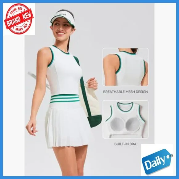 High Waisted Pleated Tennis Skirt Set with Built-in Bra and Pockets - Picture 4 of 7
